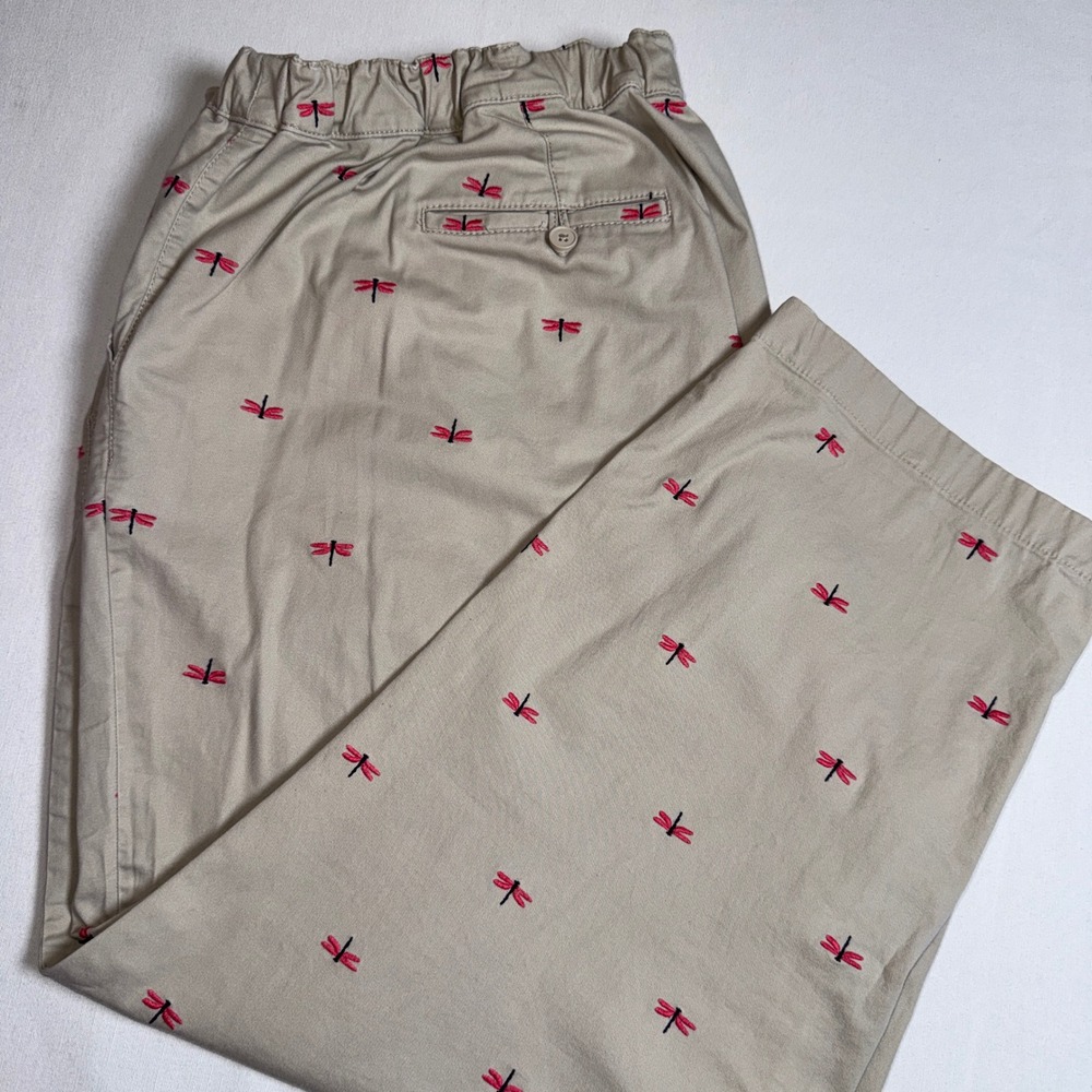 Talbots Woman Tan Khaki Dragonfly Embroidered Chino Pants 26W Plus Size